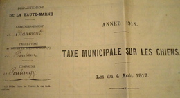 Rare Papier Taxe Municipale Sur Les Chiens De 1918 POULANGY 52 Haute Marne Dessus 44 Foyers Taxé Ayant Des Chiens  Docum - Other Municipalities