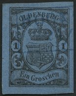 OLDENBURG 6a O, 1859, 1 Gr. Schwarz Auf Hellblau, Blauer R2 HOOKS(IEL), Breitrandig, Pracht, Mi. (60.-) - Oldenbourg