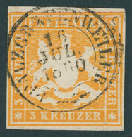WÜRTTEMBERG 12 O, 1859, 3 Kr. Gelborange, Zentrischer K2 PFALZGRAFENWEILER, Große Originalgummiteile, Pracht - Other & Unclassified