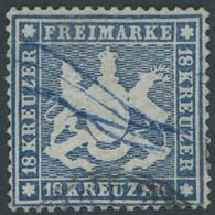 WÜRTTEMBERG 20y O, 1862, 18 Kr. Blau, Federzug Und Stempelfragment, Repariert, Fein, Gepr. Pfenninger - Autres & Non Classés