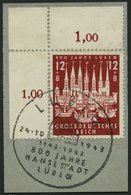 Dt. Reich 862 BrfStk, 1943, 12 Pf. Lübeck, Linke Obere Bogenecke, Ersttags-Sonderstempel, Prachtbriefstück - Sonstige & Ohne Zuordnung