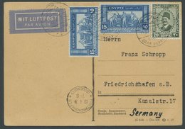 1931, Ägyptenfahrt, ägyptische Post, Postsonderstempel Kairo, Rückfahrt Nach Friedrichshafen, Mit Normalen Marken, Karte - Zeppelins