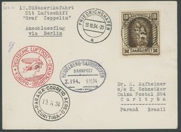 Saargebiet: 1934, 10. Südamerikafahrt, Auflieferung Friedrichshafen Mit Stempel B, Frankiert Mit Mi.Nr. 103 Und Bahnpost - Luft- Und Zeppelinpost