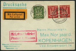 LUFTPOSTBESTÄTIGUNGSSTPL 13-01a BRIEF, BREMEN, R2 In Rot, Drucksache Von BRAUNSCHWEIG Nach Kopenhagen, Prachtbrief - Poste Aérienne & Zeppelin