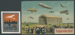 1911, Flugwoche Kiel, Farbige Ansichtskarte (obere Linke Ecke Defekt) Und Vignette Flugwoche Kiel 18.-24. Juni, Pracht - - Zeppelin