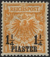 DP TÜRKEI 9a *, 1889, 11/4 PIA. Auf 25 Pf. Gelborange, Falzreste, Ein Kurzer Zahn Sonst Pracht, R!, Fotoattest Jäschke-L - Turquie (bureaux)