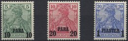 DP TÜRKEI 12-14II *, 1902, 10 PA. Auf 5 Pf. - 1 PIA. Auf 20 Pf., Aufdruck Type II, Falzreste, 3 Prachtwerte, Mi. 61.- - Turquie (bureaux)