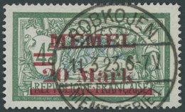 1922, 20 M. Auf 45 C. Dunkelgrün/grauultramarin, Abstand 1.45 Mm, Stempel ROBKOJEN, Pracht, Gepr. Huylmans, Mi (55.-) -> - Memelgebiet 1923