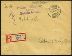 ALL. BES. GEBÜHR BEZAHLT OFFENBURG (BADEN), 17.9.46, Violetter L3 Postamt Offenburg (Baden) Gebühr Bezahlt Auf Einschrei - Altri & Non Classificati