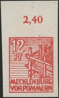MECKLENBURG-VORPOMMERN 36xaU **, 1946, 12 Pf. Dunkelgraurot, Kreidepapier, Ungezähnt, Pracht, Mi. 60.- - Autres & Non Classés