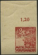 MECKLENBURG-VORPOMMERN 36ydU **, 1946, 12 Pf. Braunrot, Graues Papier, Ungezähnt, Obere Linke Bogenecke, Leichte Bildsei - Sonstige & Ohne Zuordnung