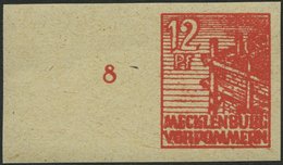 MECKLENBURG-VORPOMMERN 36yeU **, 1946, 12 Pf. Orangerot, Graues Papier, Ungezähnt, Linkes Randstück, Pracht, Gepr. Kramp - Sonstige & Ohne Zuordnung