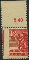 MECKLENBURG-VORPOMMERN 36zf **, 1946, 12 Pf. Dunkelrosa, Dünnes Papier, Oberrandstück, Dezentriert, Pracht, Gepr. Kramp, - Sonstige & Ohne Zuordnung