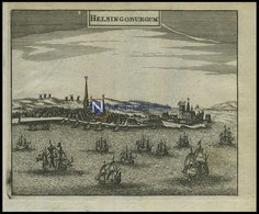 HELSINGØR, Gesamtansicht Mit Dekorativer Schiffsstaffage Im Vordergrund, Kupferstich Von Zeiller 1655 - Lithografieën