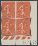 FRANKREICH 166 VB **, 1925, 80 C. Rot Im Eckrandviererblock Mit Druckdatum, Postfrisch, Pracht - Sonstige & Ohne Zuordnung