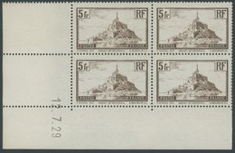 FRANKREICH 240a VB **, 1930, 5 Fr. Dunkelbraun Mont-Saint-Michel Im Eckrandviererblock Mit Druckdatum, Postfrisch, Prach - Altri & Non Classificati