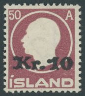 ISLAND 120 *, 1925, 10 Kr. Auf 50 A. Lilarot, Falzrest, Pracht - Autres & Non Classés
