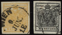 ÖSTERREICH 1,2X O, 1850, 1 Kr. Gelb Und 2 Kr. Schwarz, Handpapier, 2 Prachtwerte, Mi. 210.- - Gebruikt