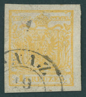 ÖSTERREICH BIS 1867 1Xa O, 1850, 1 Kr. Ockergelb, Handpapier, Type III, Großes Wasserzeichen-Teil!, K2 (S)AAZ, Pracht, F - Oblitérés