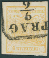 ÖSTERREICH BIS 1867 1Yb O, 1854, 1 Kr. Ockergelb, Maschinenpapier, Type Ib, R4 PRAG, Pracht, Fotobefund Dr. Ferchenbauer - Used Stamps
