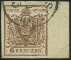 ÖSTERREICH 4Y O, 1854, 6 Kr. Braun, Maschinenpapier, Type III, Randstück Rechts 9 Mm, K1, Pracht - Gebruikt