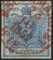 ÖSTERREICH 5Y O, 1854, 9 Kr. Blau, Maschinenpapier, Roter K1 Recommandirt WIEN 1857, Pracht - Usati