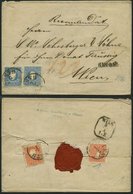 ÖSTERREICH 15II BRIEF, 1859, 15 Kr. Blau (2x), Type II, Mit K1 PESTH Abends Und L1 RECOM Auf Siegelbrief, Rückseitiges R - Usati