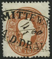 ÖSTERREICH 21 O, 1860, 10 Kr. Braun, Ovalstempel MITTEWALD A.D. DRAU (handschriftliches Datum), Feinst (dünner Rand) - Usati