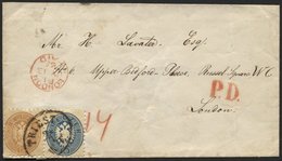 ÖSTERREICH 33/4 BRIEF, 1865, 10 Kr. Blau Und 15 Kr. Braun (Eckfehler) Auf Brief Von TRIEST Nach London, Pracht - Oblitérés