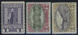 ÖSTERREICH 1867-1918 153-55 *, 1908, 1 - 5 Kr. Regierungsjubiläum, Falzreste, 3 Prachtwerte, Mi. 135.- - Gebruikt