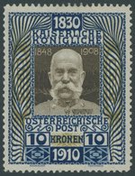 ÖSTERREICH 1867-1918 177 *, 1910, 10 Kr. 80. Geburtstag, Falzrest, Pracht, Mi. 220.- - Used Stamps