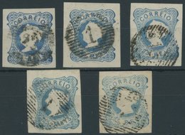 PORTUGAL 2a,b O, 1853, 25 R. Blau, 5 Pracht-Kabinettwerte In Verschiedenen Farbnuancen - Altri & Non Classificati