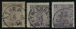 SCHWEDEN 8 O, 1858, 9 Ö. Violett, 3 Werte In Farbnuancen, Unterschiedliche Erhaltung - Oblitérés
