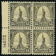 USA 277 VB **,* , Scott 566, 1922, 15 C. Freiheitsstatue Im Plattenviererblock, Die Beiden Unteren Werte Postfrisch, Pra - Gebruikt