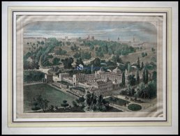 KASSEL: Das Orangerieschloß Mit Der Industrieausstellungshalle, Kolorierter Holzstich Um 1880 - Litografia