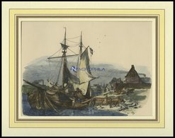 KUSSEN, Teilansicht Mit Segelschiff Im Vordergrund, Kolorierter Holzstich Von G. Schönleber Von 1881 - Lithografieën