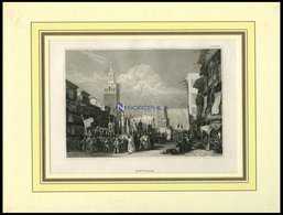 SEVILLA, Teilansicht Mit Prozession Im Vordergrund, Stahlstich Von B.I. Um 1840 - Litografia