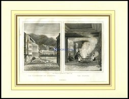 KARLSBAD: Die Colonnaden Des Sprudels Und Der Sprudel, 2 Ansichten Auf Einem Blatt, Stahlstich Von Poppel, 1840 - Litografia