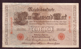 87d * REICHSBANKNOTE * 1108090 L VOM 21.4.1910  * EIN TAUSEND MARK/1000 * GEBRAUCHT ** !! - 1.000 Mark