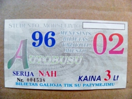 Old Transport Ticket From Lithuania Bus Monthly Ticket Kaunas City 1996 February Student - Europa