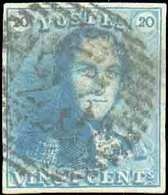 N°2 - Epaulette 20 Centimes Bleue, TB Margée, Obl. P.23 BRUGES Centrale Et Nette. - TB - 13701 - 1849 Schulterklappen