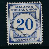 MALAYA/POSTAL UNION, 1951 Postage Due 20c Blue (P14) VFU, SGD21, Cat £6 - Malacca