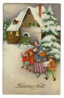 Carte Illustrée Par Hannes Petersen "Heureux Noël" Enfants & Femme Portent Des Cadeaux, Village Enneigé - Circulé - Petersen, Hannes