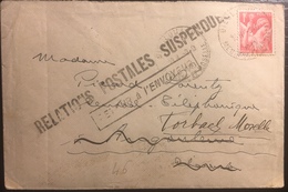 France Lettre Iris N°433 1fr Rouge Pour Angouleme Puis Reexpedié Pour Forbach "Relations Postales Suspendues" !! - 1939-44 Iris