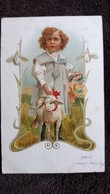 CPA ENFANT AVEC AGNEAU DECOR PERCE NEIGE PANIER OEUF  PAQUES ? 1902  TIMBRE ENLEVE AU DOS - Children's Drawings