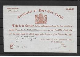 Great Britain Revenue Stamps Revenues Stempelmarken Fiscal Certificate Of Post War Credit 1941 - 1942 - Fiscali
