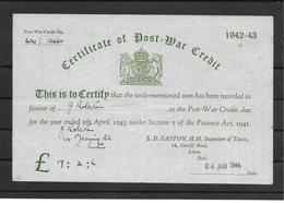 Great Britain Revenue Stamps Revenues Stempelmarken Fiscal Certificate Of Post War Credit 1942 - 1943 - Fiscali