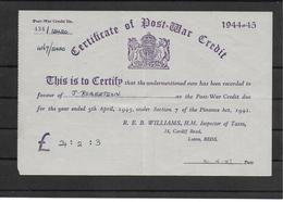 Great Britain Revenue Stamps Revenues Stempelmarken Fiscal Certificate Of Post War Credit 1944 - 1945 - Steuermarken