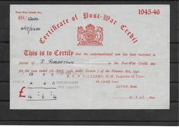 Great Britain Revenue Stamps Revenues Stempelmarken Fiscal Certificate Of Post War Credit 1945 - 1946 - Revenue Stamps