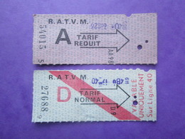 2 ANCIENS TICKETS De Transport  RATVM De Carte Hebdomadaire - BE - Mundo